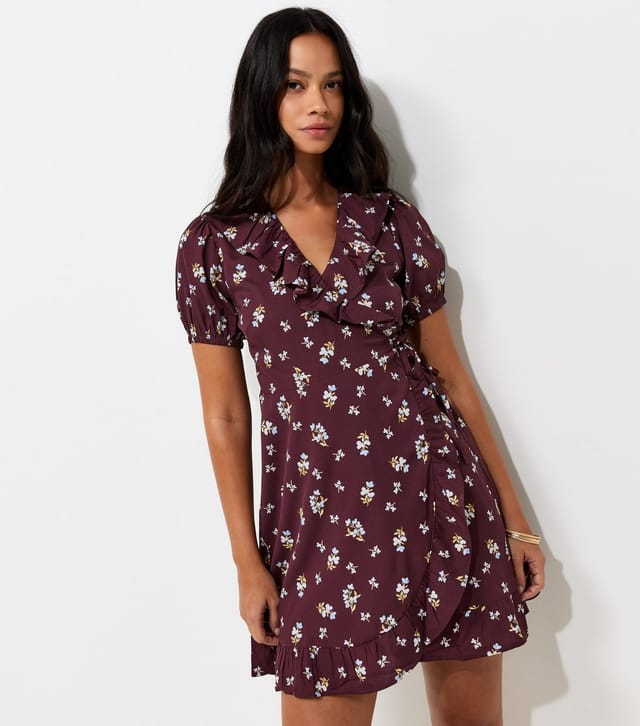 New Look Women's Brown Floral Short Sleeve Wrap Mini Dress New Look - 2