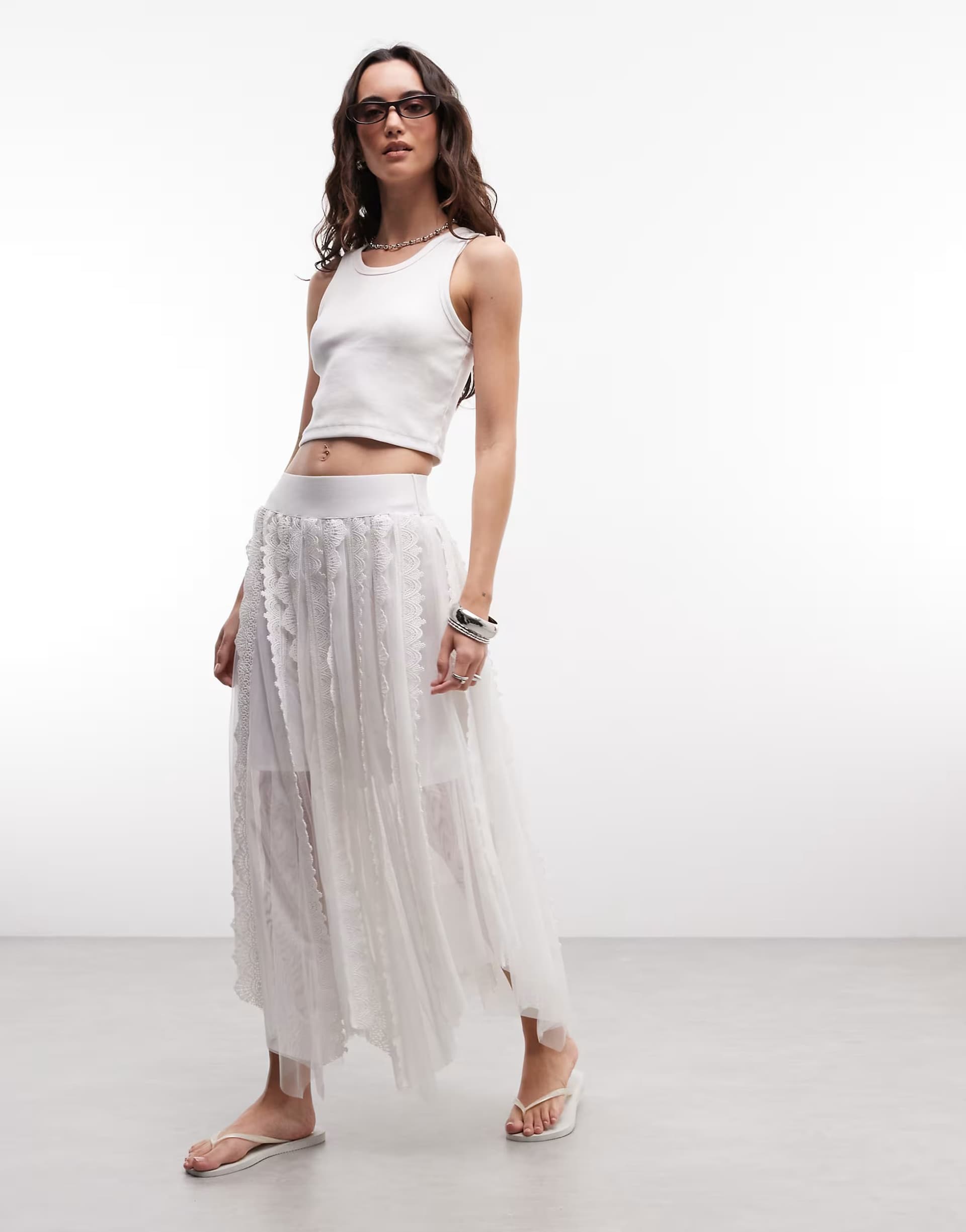 ASOS AllSaints Vashtie ruffle midi skirt in white