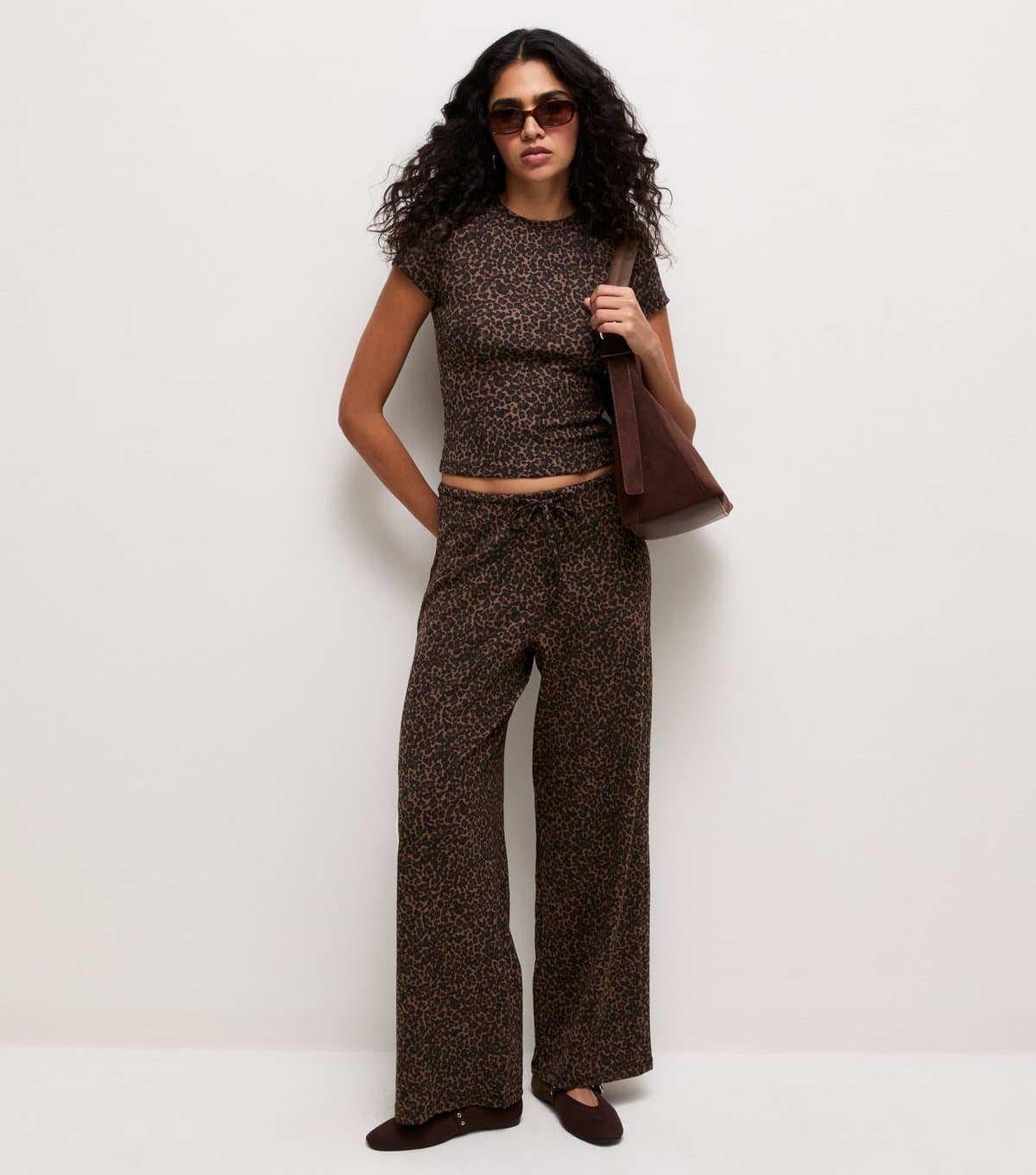 New Look Women's Brown Cotton Rich Animal Print Wide Leg Trousers New Look