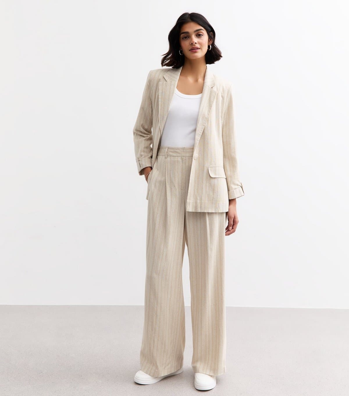 New Look Women's Cream Striped Wide Leg Tailored Trousers New Look