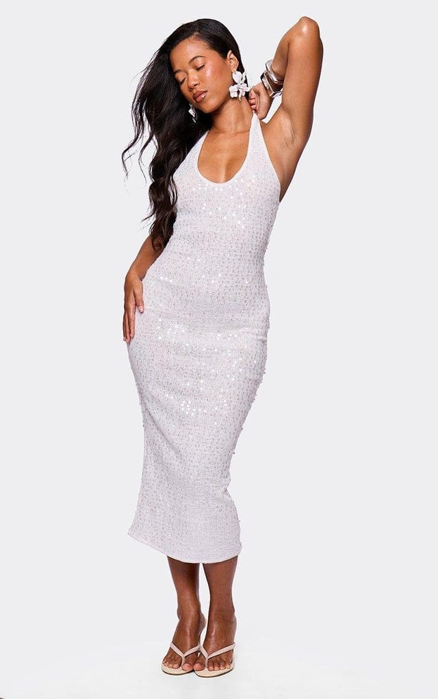 EGO Halterneck Midi Dress In White Sequin, Women's Size UK L - 2