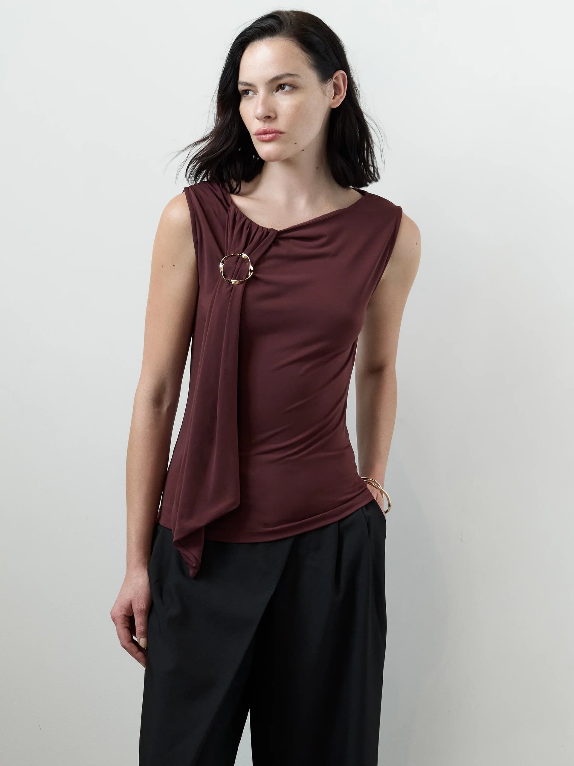 French Connection Maxine Burgundy Jersey Draped Ring Top Cherry Liqueur