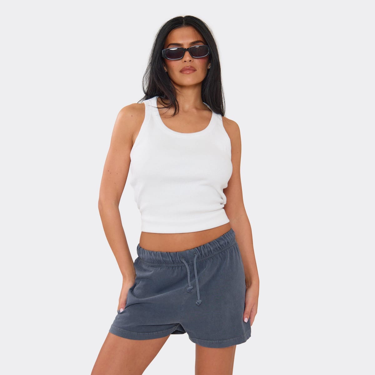 EGO Mid Rise Tie Waist Sweat Shorts In Grey, Women's Size UK 6 - 1