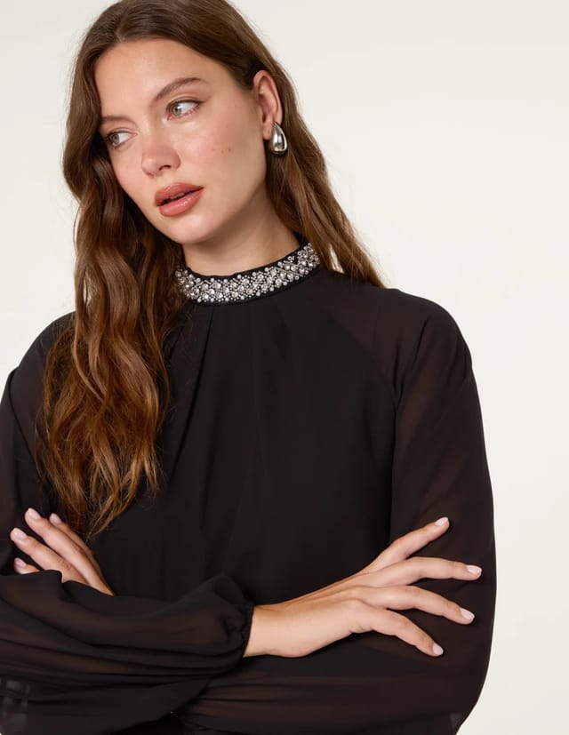 Blue Vanilla Embellished Collar Tunic Top - 2