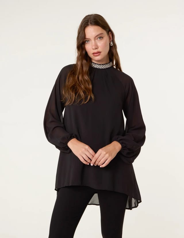 Blue Vanilla Embellished Collar Tunic Top - 3