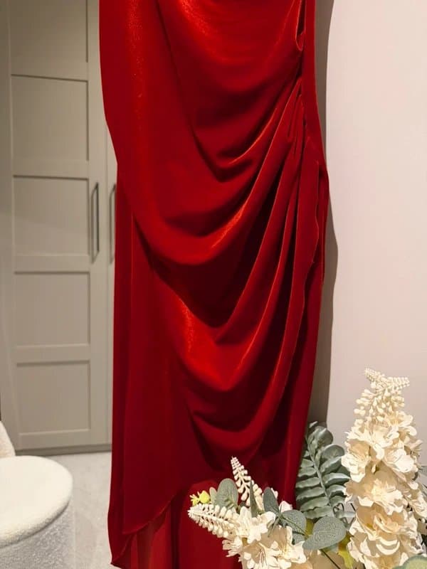ASOS Red velvet one shoulder ruched detail dip hem maxi dress