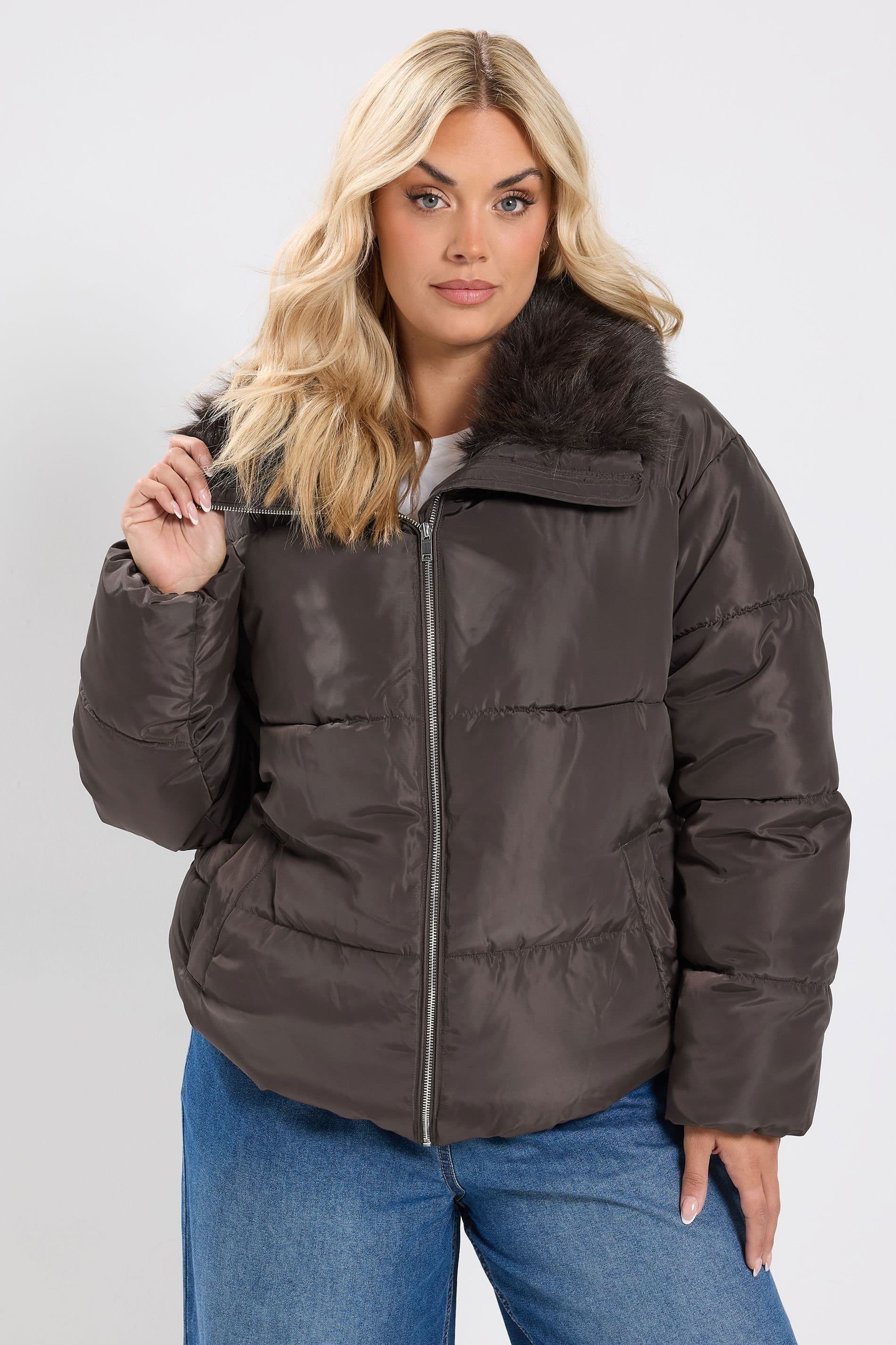Yours Yours Women's Funnel Neck Padded Coat in Brown