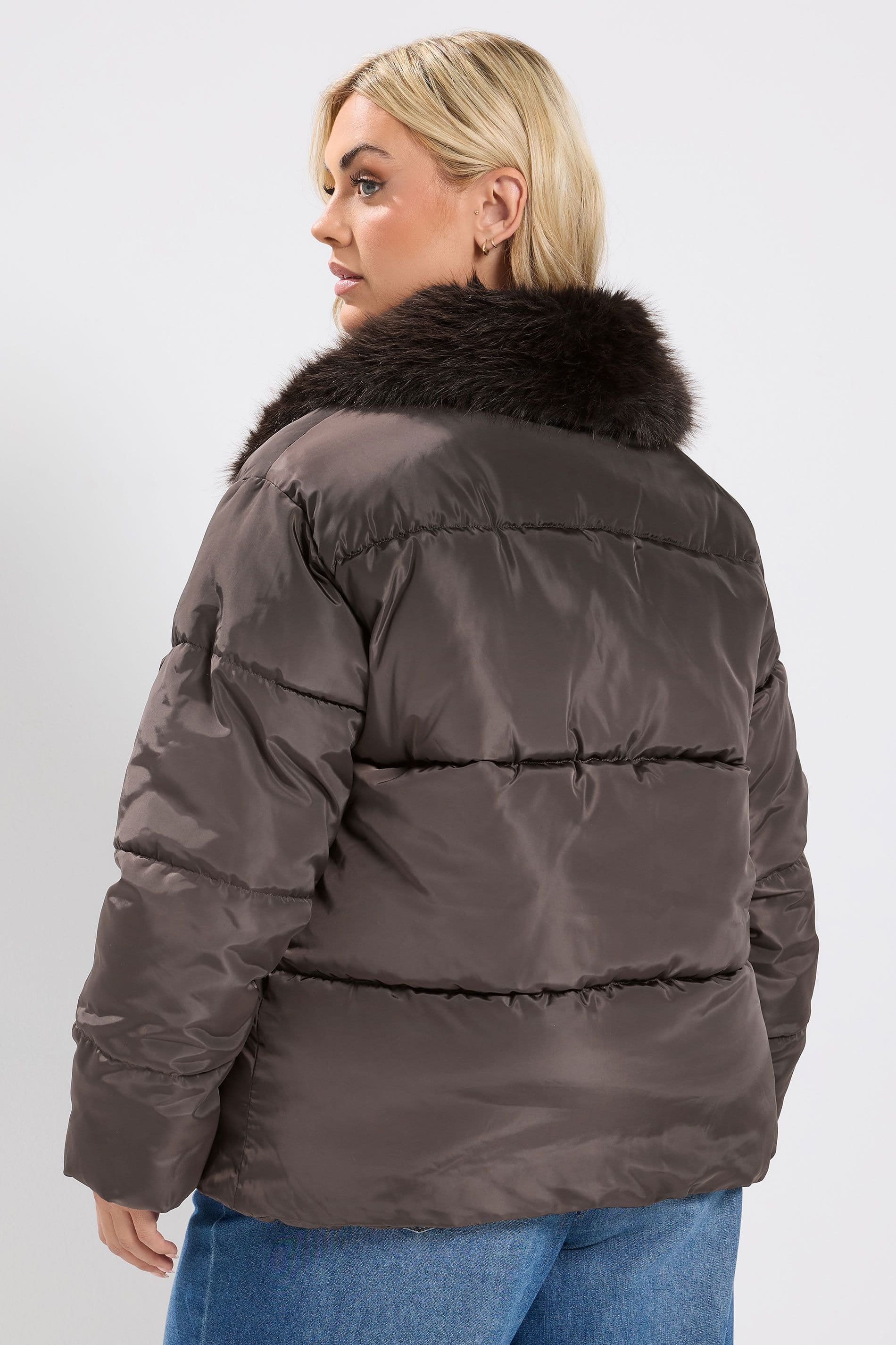 Yours Yours Women's Funnel Neck Padded Coat in Brown - 4