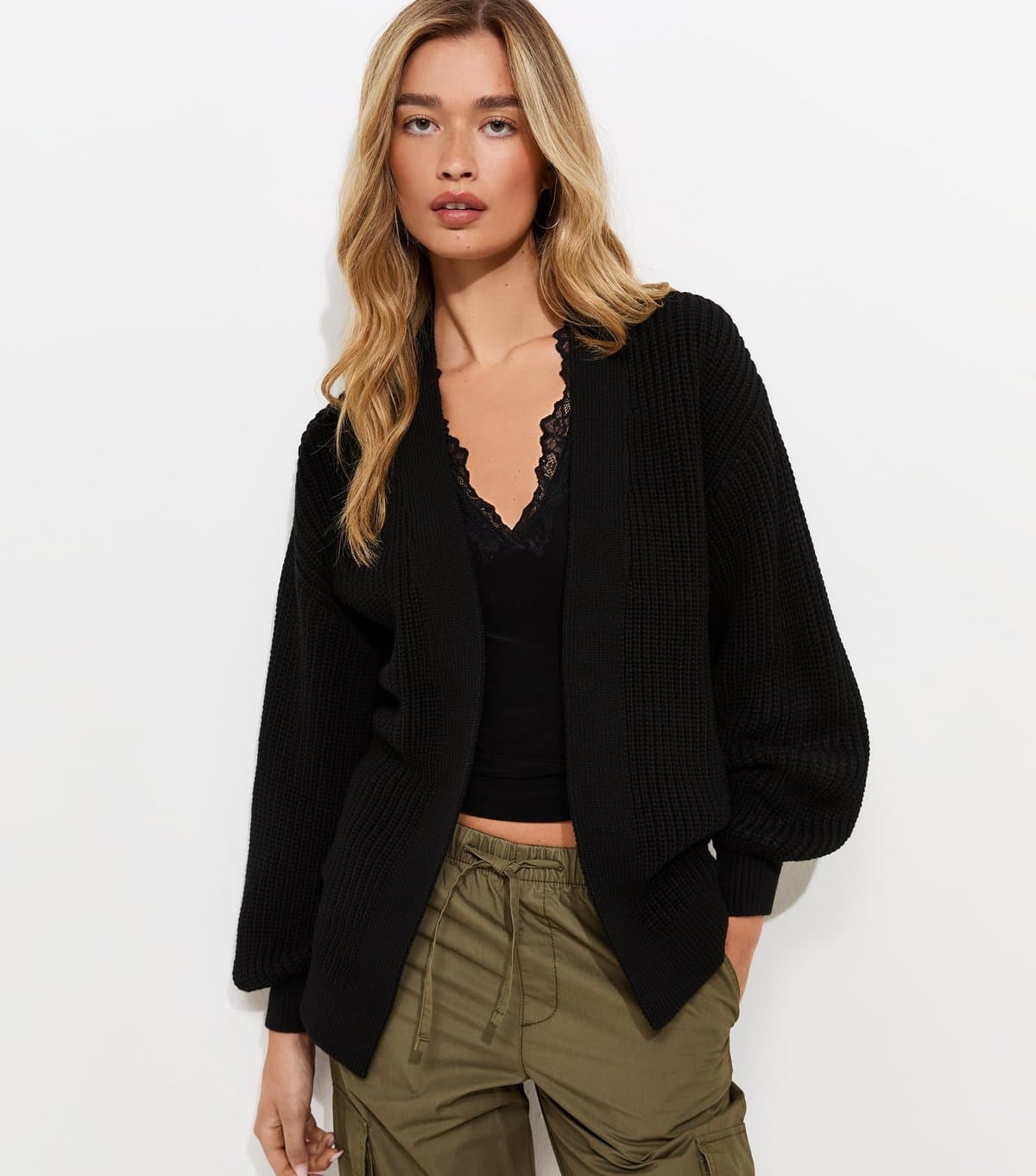 New Look Women's Tall Black Chunky Knit Balloon Sleeve Cardigan New Look