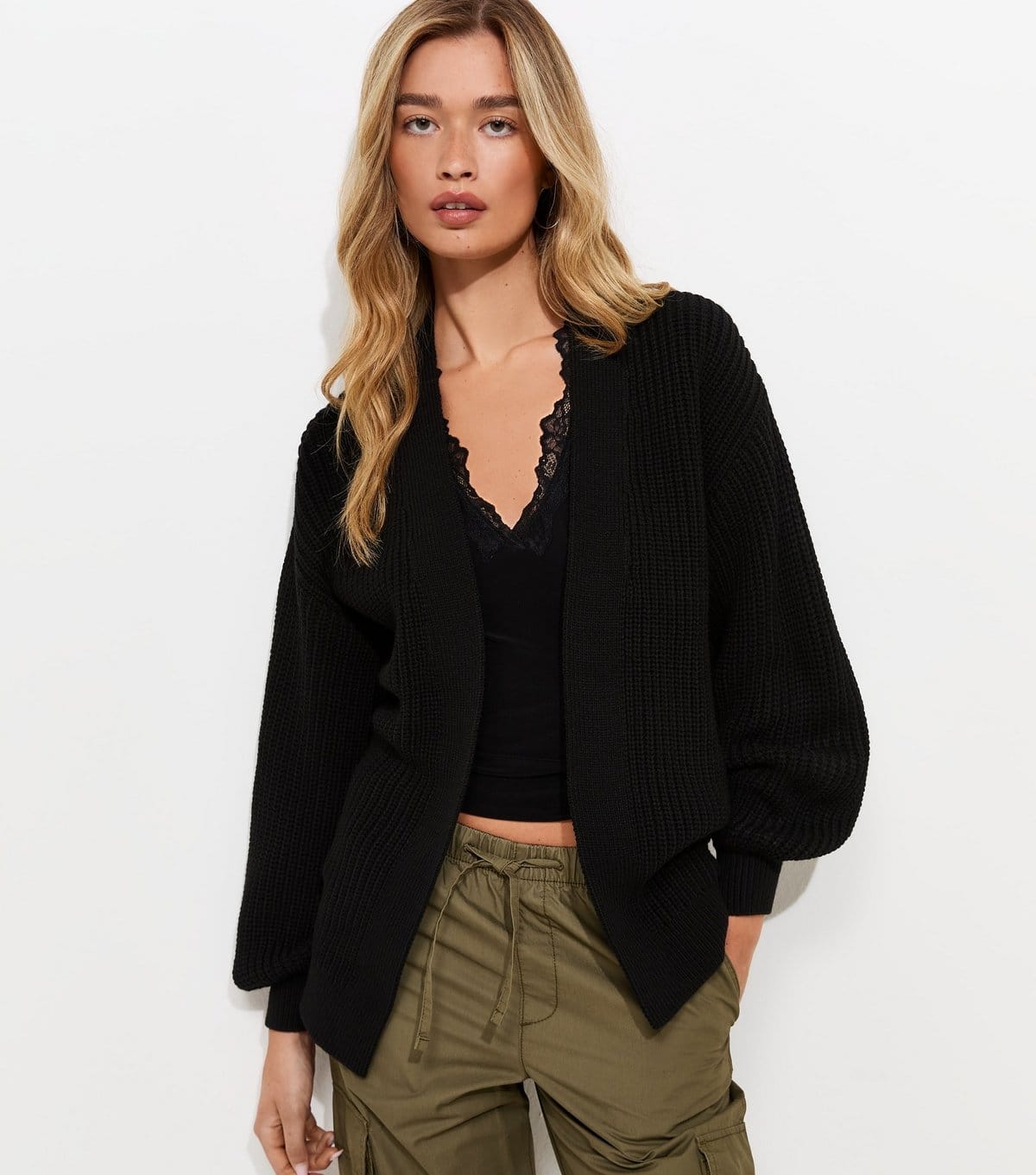 New Look Tall Black Chunky Knit Balloon Sleeve Cardigan