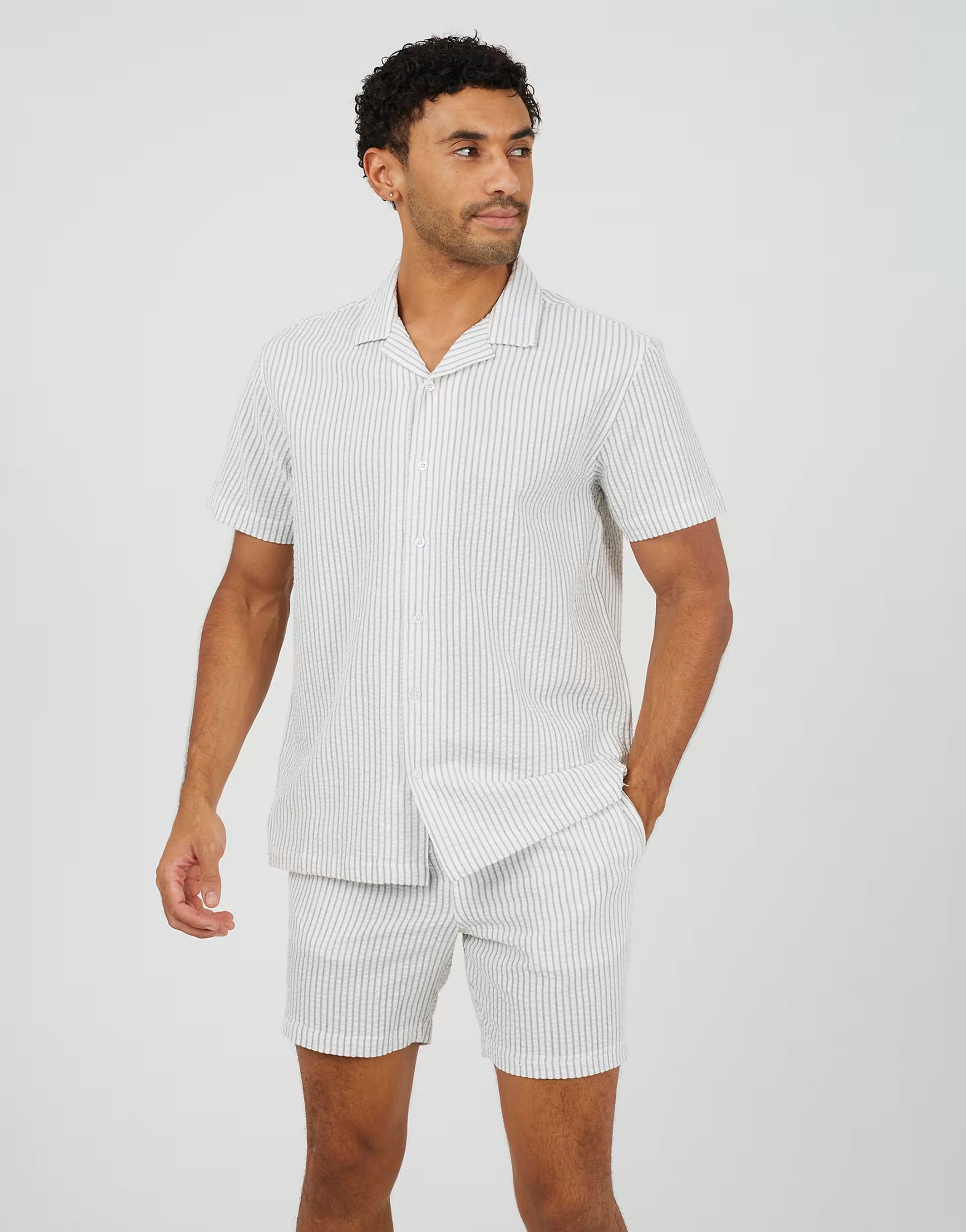 ASOS Brave Soul Ecru Striped Shirt and Shorts Set