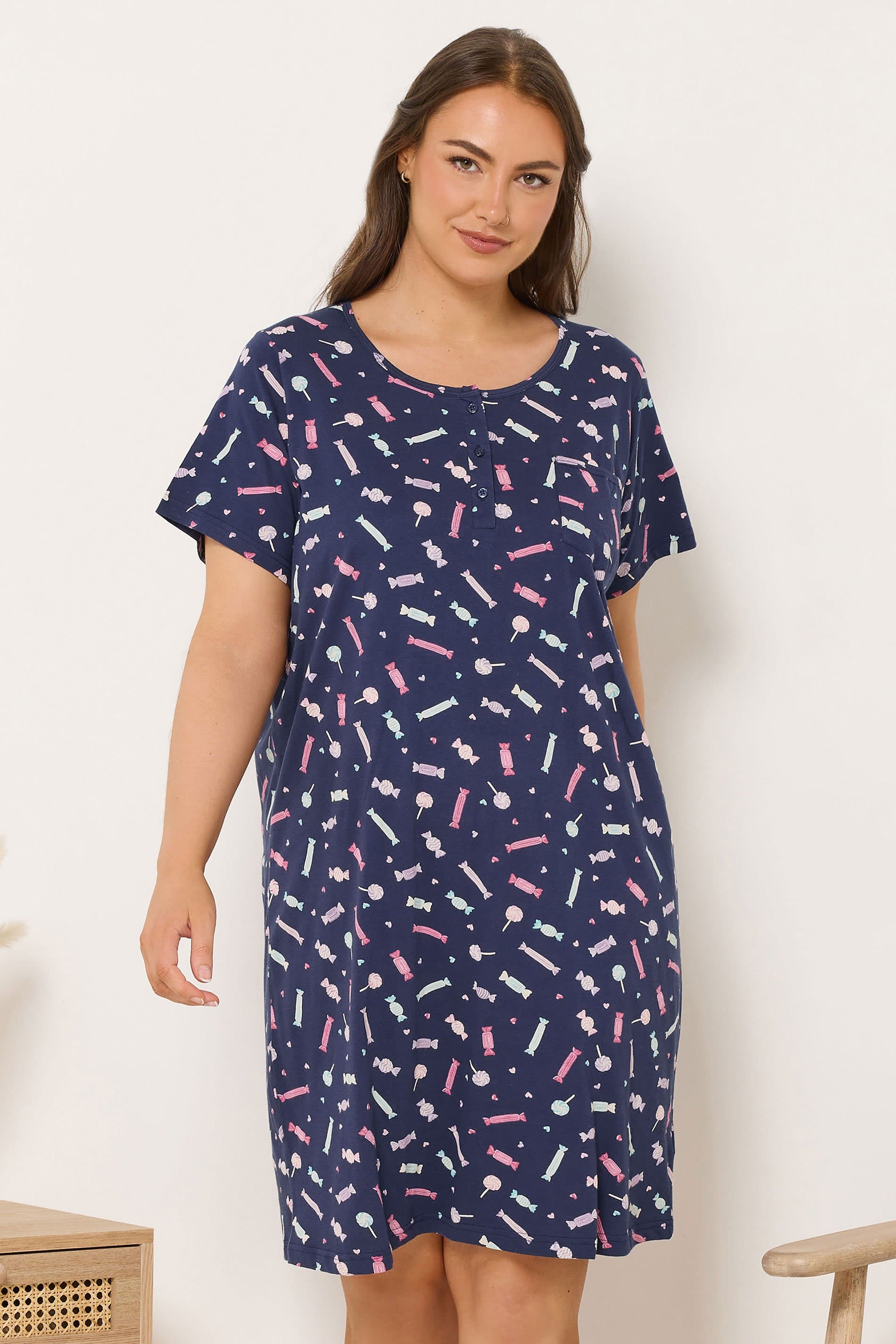 Yours Plus Size Navy Blue Sweet Print Placket Nightdress