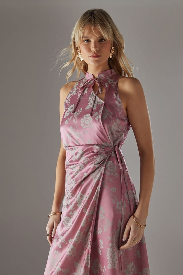 Warehouse Warehouse Women's Satin Jacquard Tie Racer Wrap Midi Dress in Green - 2