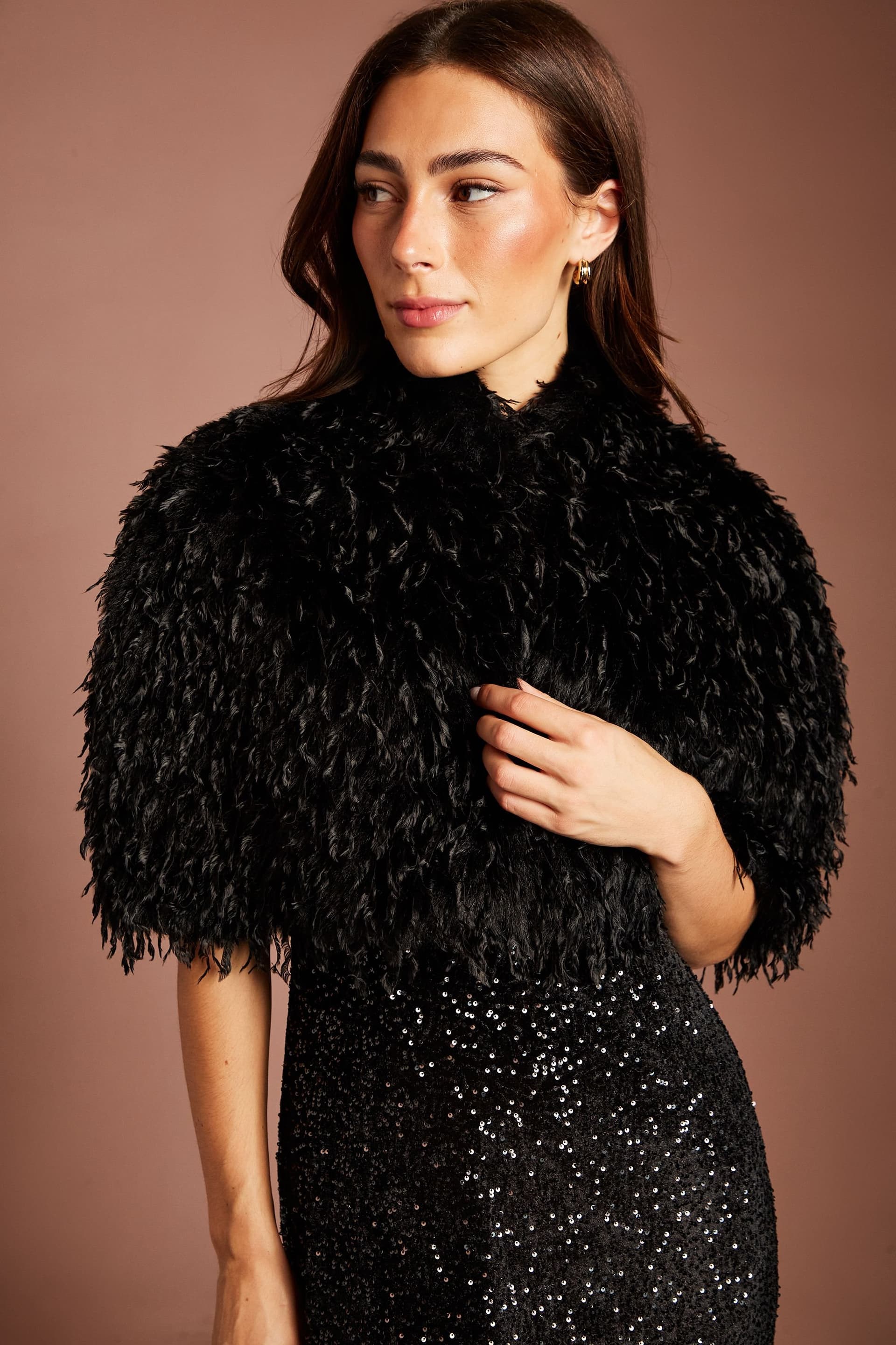 Coast Coast Women's Black Faux Feather Fur Cropped Cape