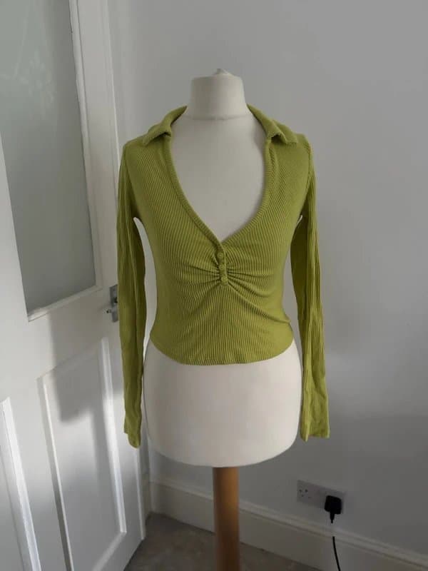 Bershka Bershka Green Ribbed Button Front Long Sleeve Top Size S