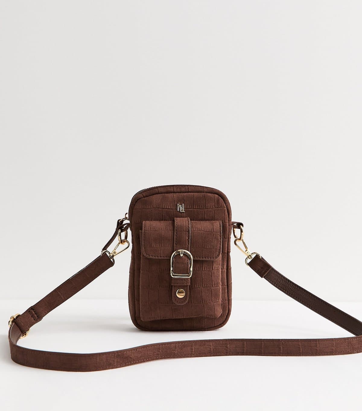 New Look Dark Brown Croc Embossed Buckle Phone Bag New Look