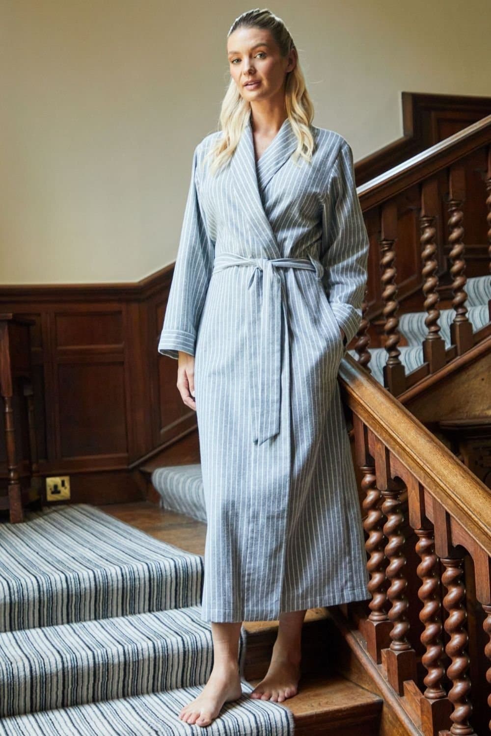 British Boxers British Boxers Women's "Chalk" Stripe Brushed Cotton Dressing Gown in Grey