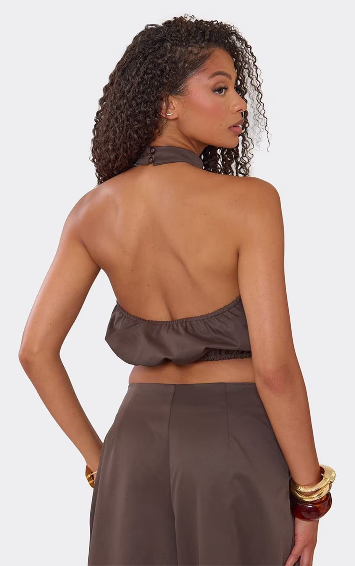 EGO High Neck Bubble Hem Top In Chocolate Brown, Women's Size UK 6