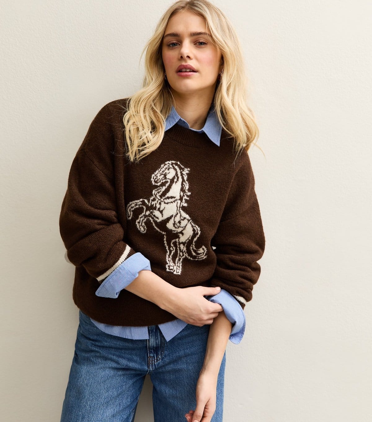 Women's Brown Horse Design Crew Neck Jumper New Look