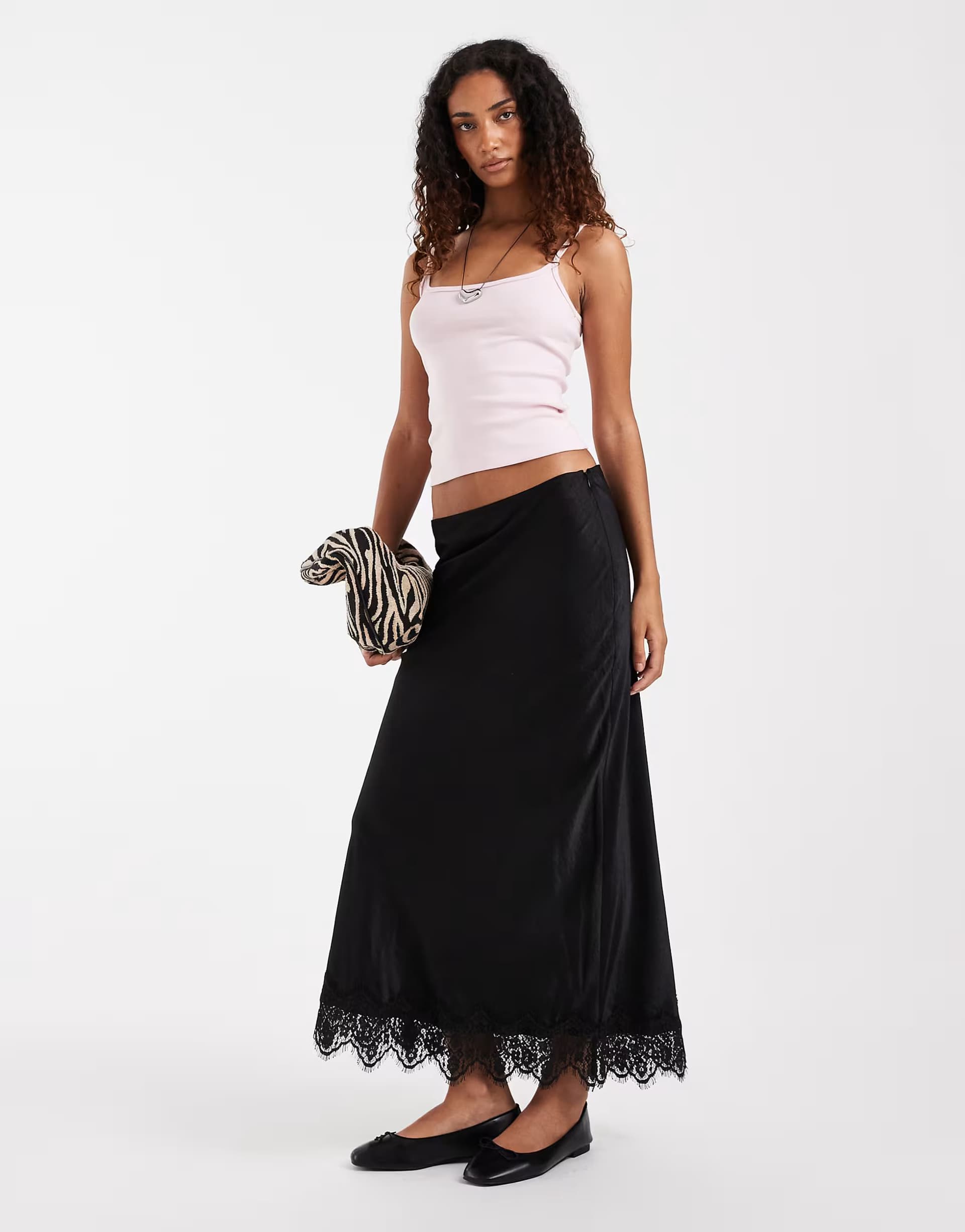 ASOS Vero Moda Tall satin midi skirt with lace detail hem in black
