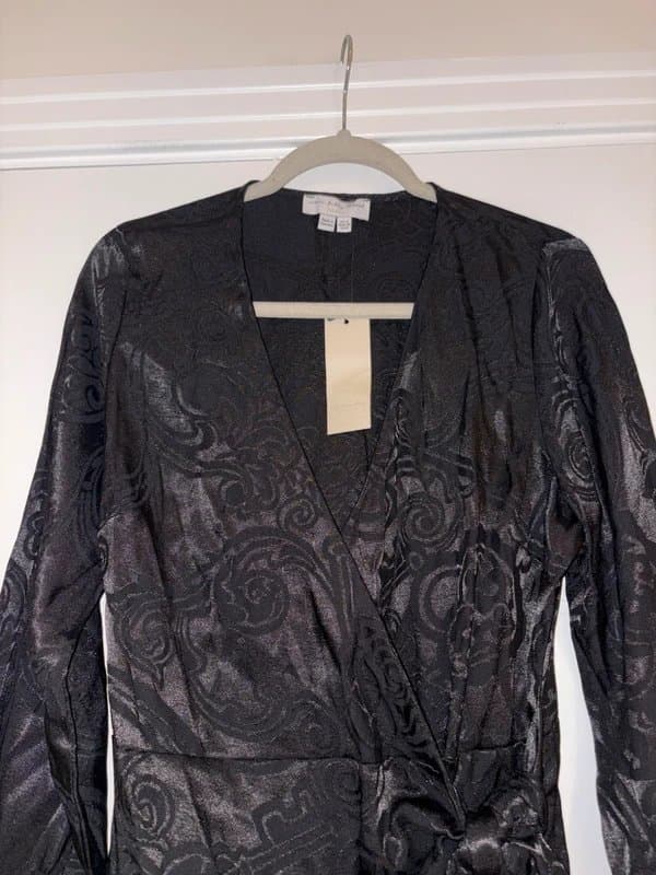 Never Fully Dressed Never Fully Dressed Black Satin Long Sleeve Mini Dress Size 12 Occasion Party Unusual print