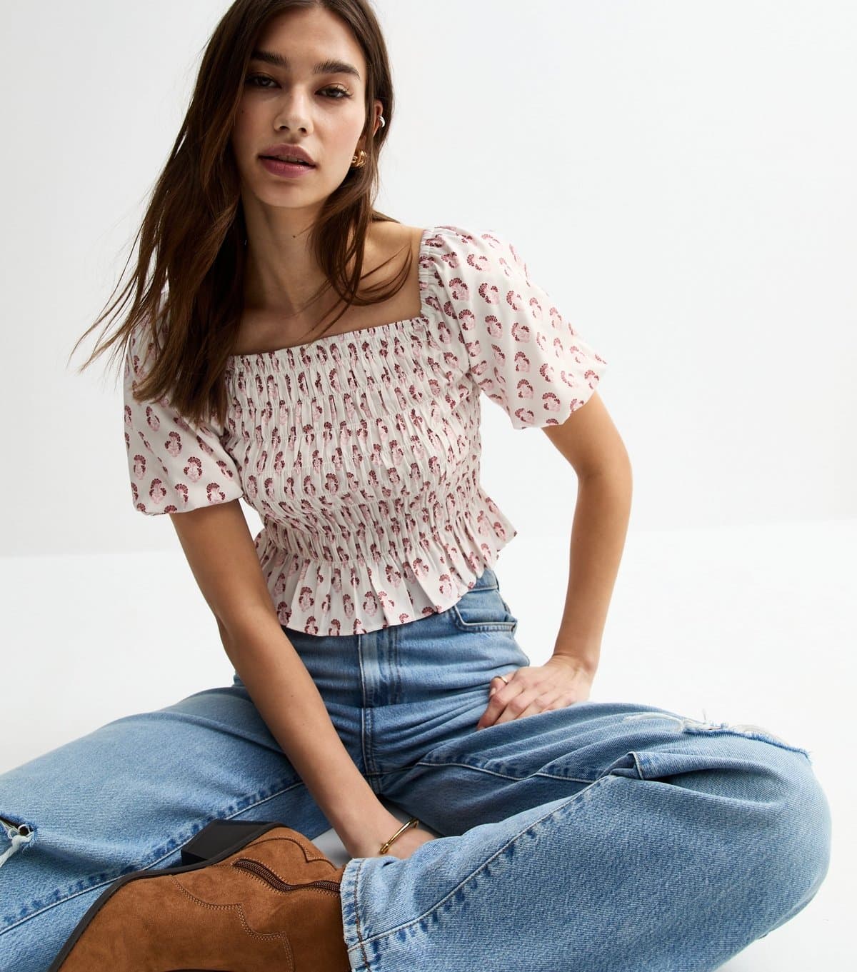 New Look Women's Cream Floral Print Shirred Top New Look