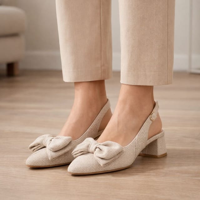 Truffle Collection Truffle Collection Women's Heeled Slingbacks Pointed Toe Buckle Strap Linen Summer Shoes in Cream - 2