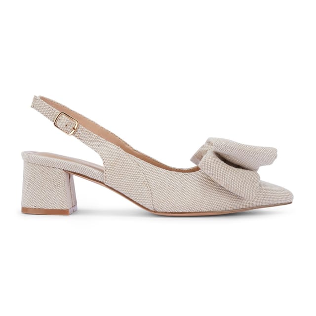 Truffle Collection Truffle Collection Women's Heeled Slingbacks Pointed Toe Buckle Strap Linen Summer Shoes in Cream - 3