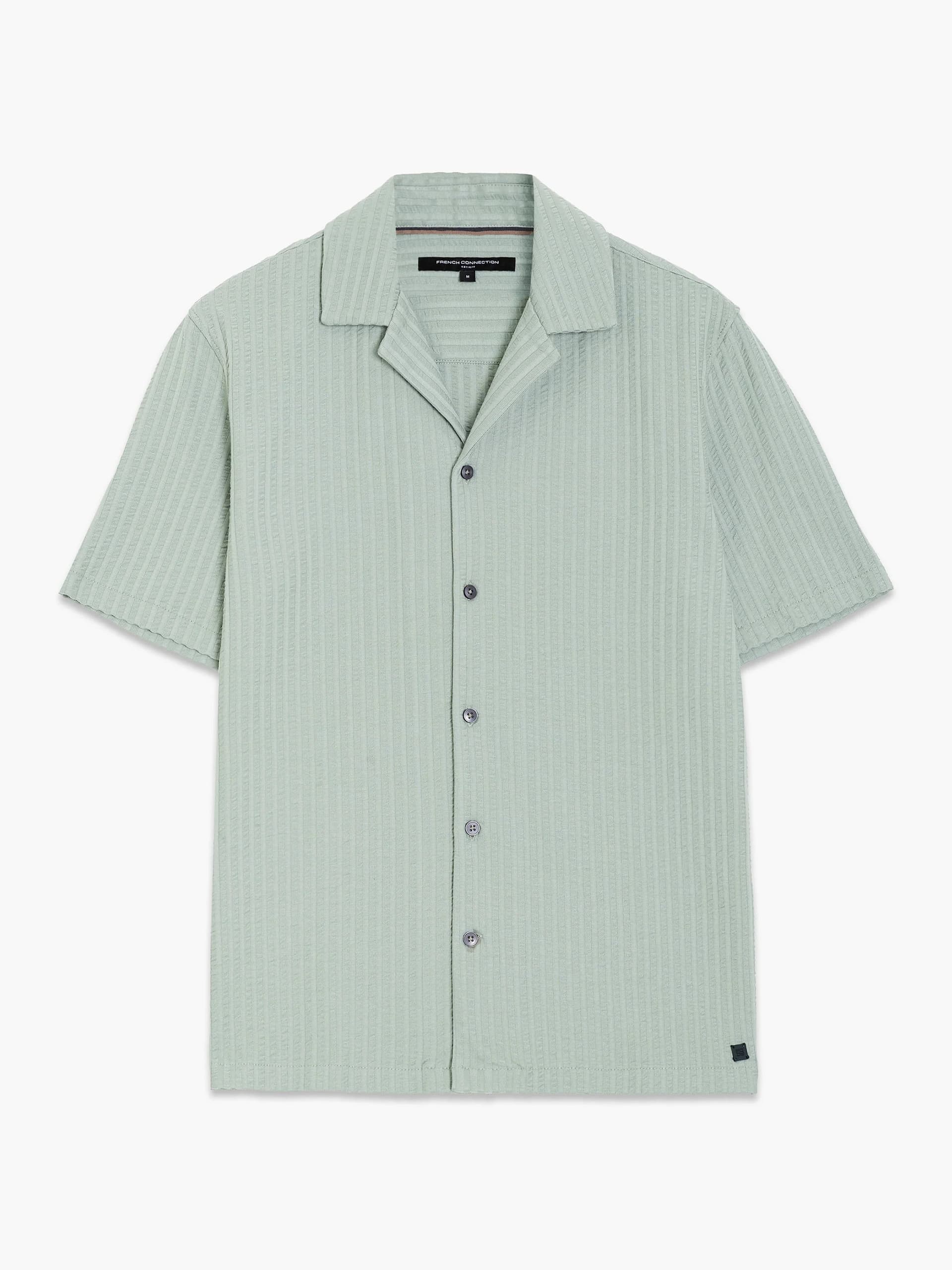 French Connection Short Sleeve Seersucker Striped Holiday Shirt Shadow Green