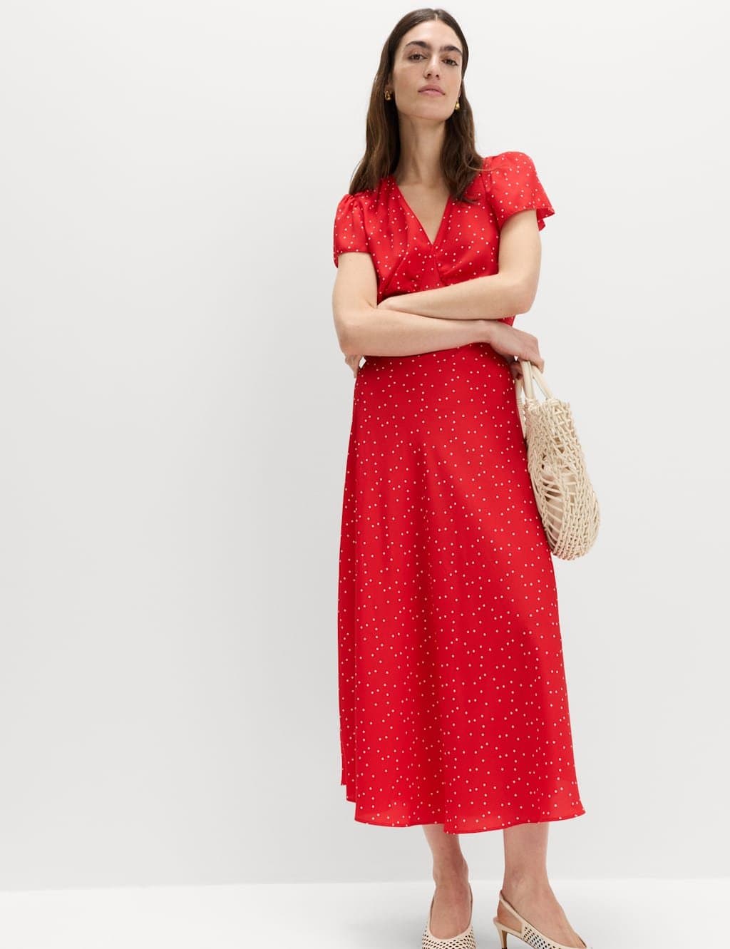 Marks & Spencer M&S Red Mix Printed V-Neck Midi Tea Dress