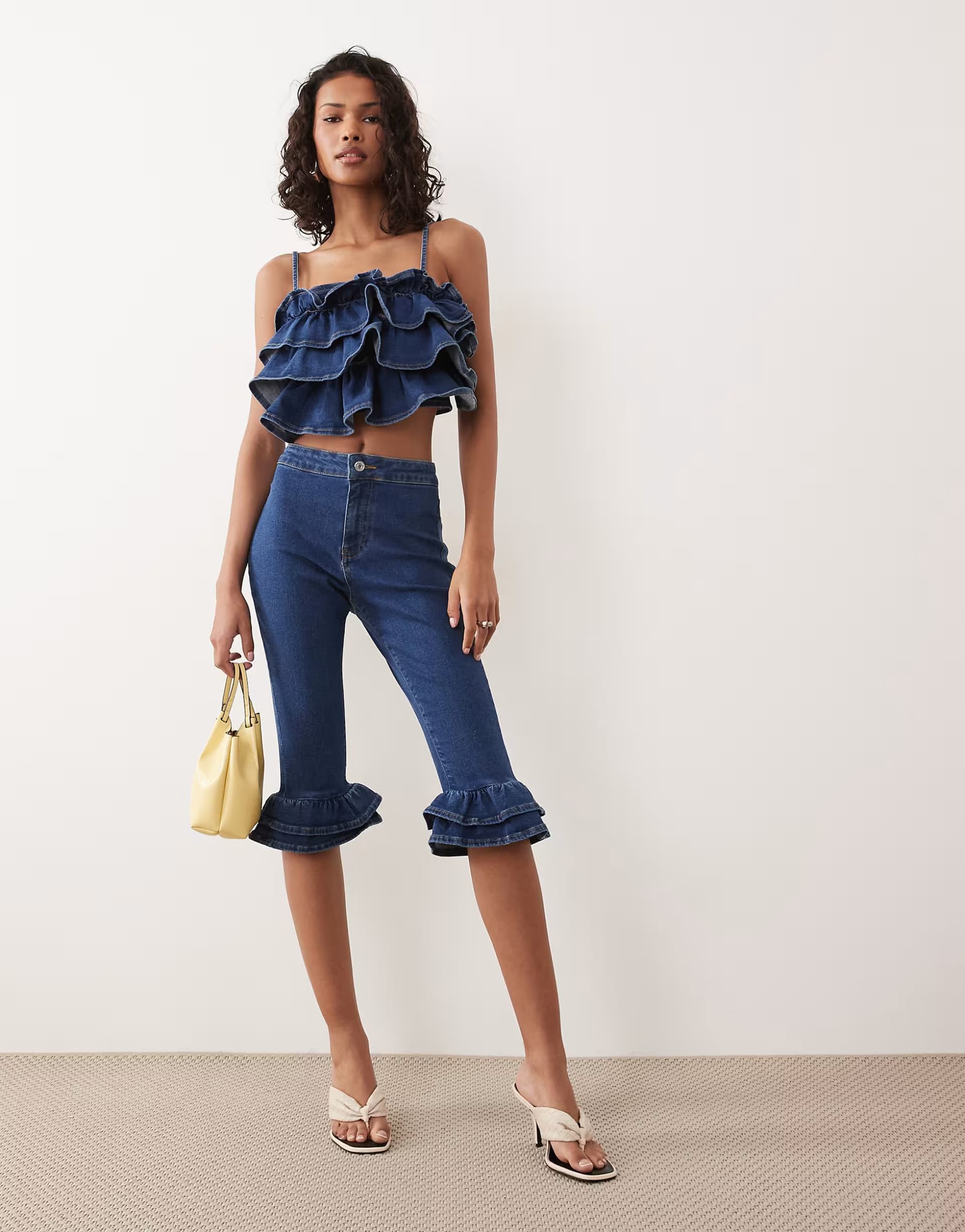 ASOS ASOS DESIGN denim capri pant with ruffle hem co-ord in dark mid blue