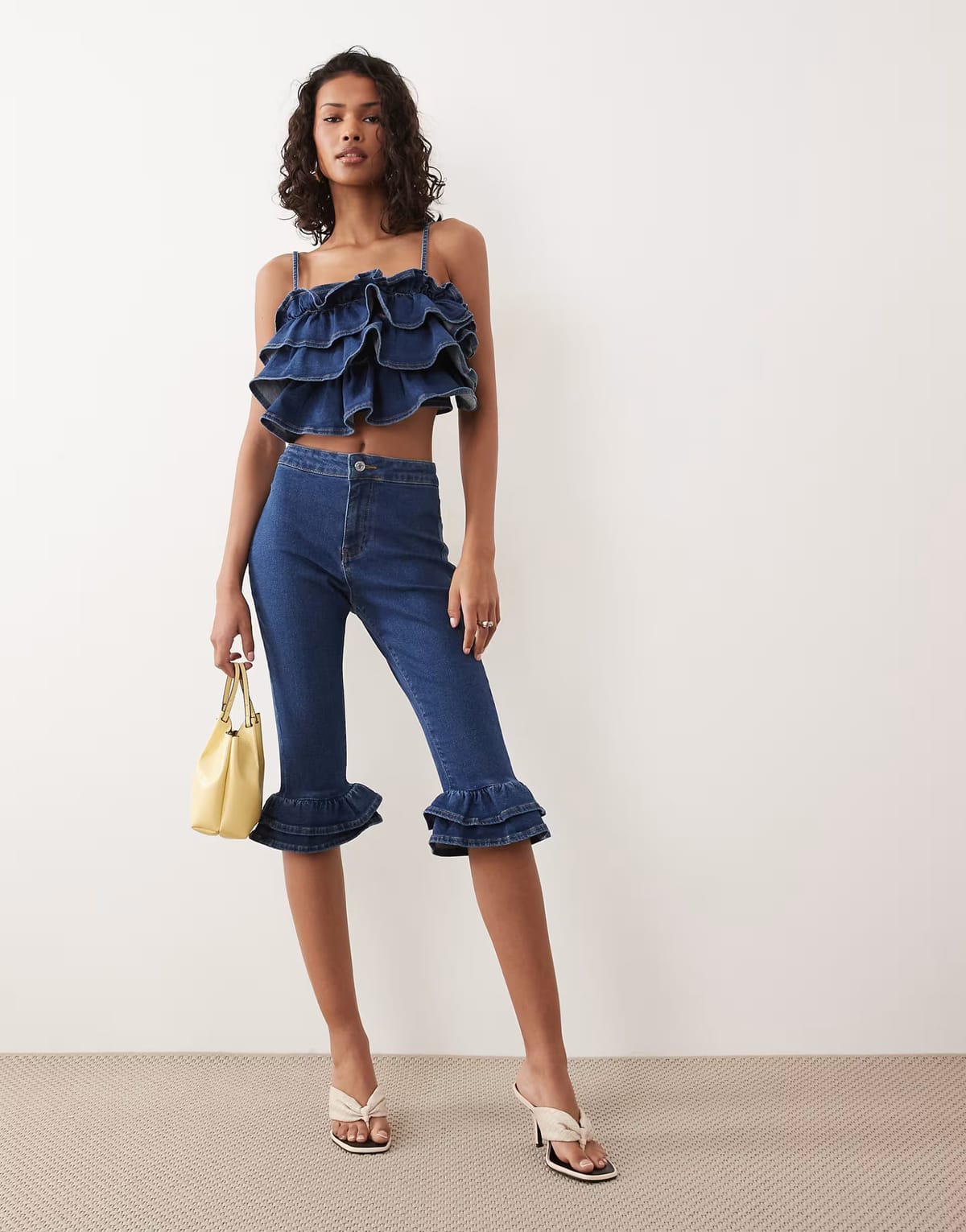 ASOS ASOS DESIGN denim capri pant with ruffle hem co-ord in dark mid blue - 1