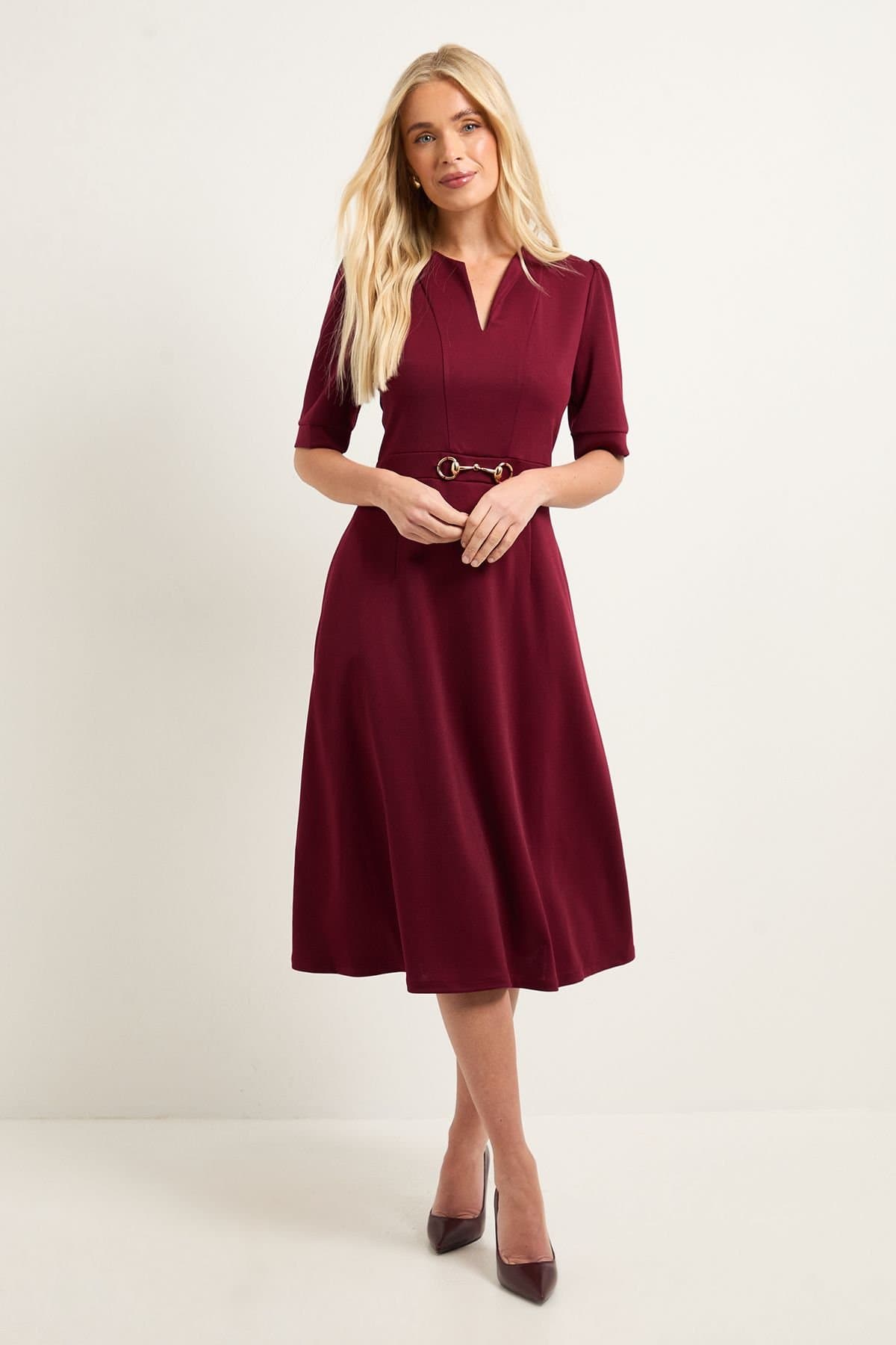 Wallis Wallis Women's Petite Ponte Snaffle Trim Midi Dress in Wine