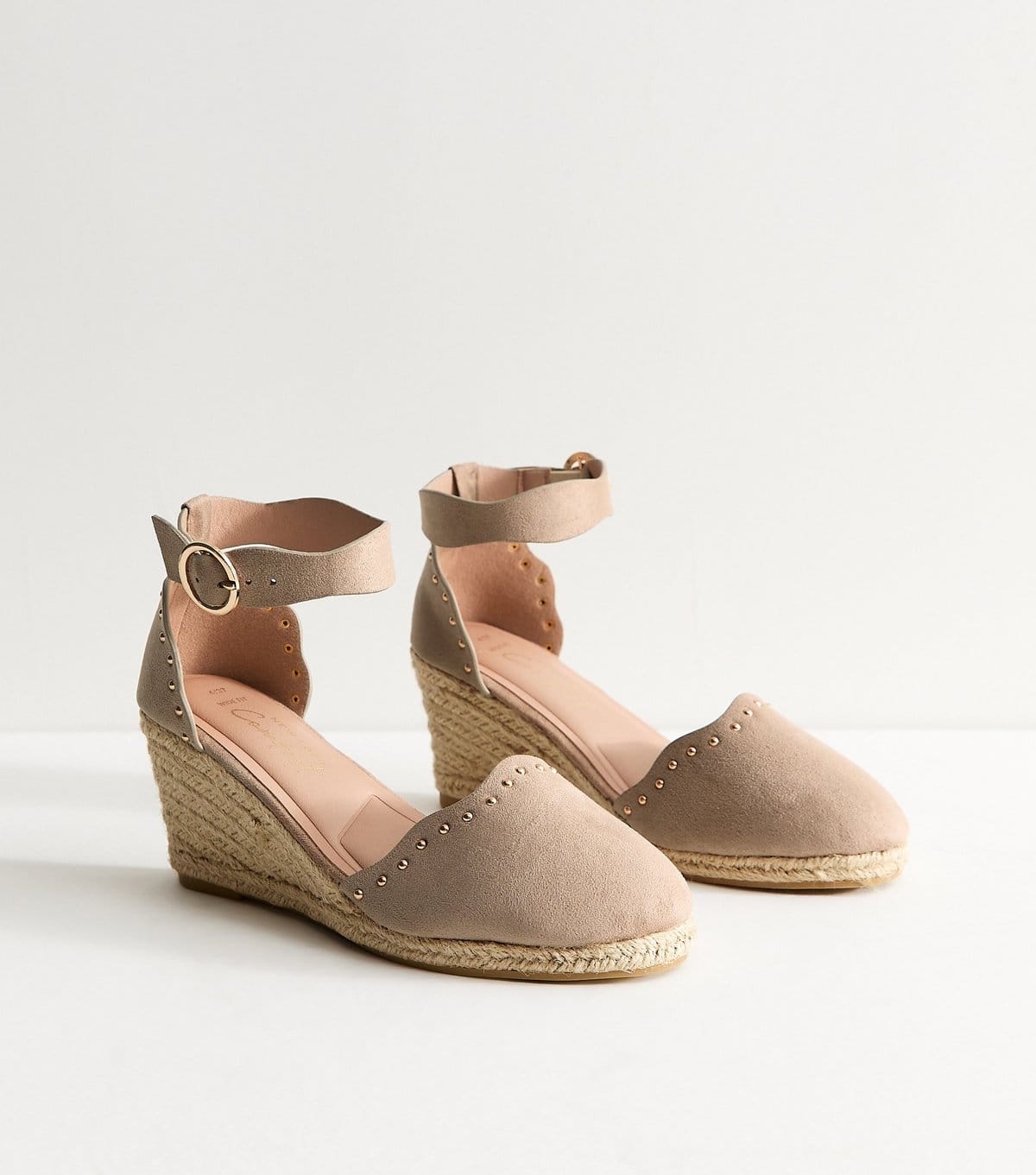 New Look Women's Wide Fit Light Brown Faux Suede Studded Scallop Trim Espadrille Wedges Vegan New Look - 4