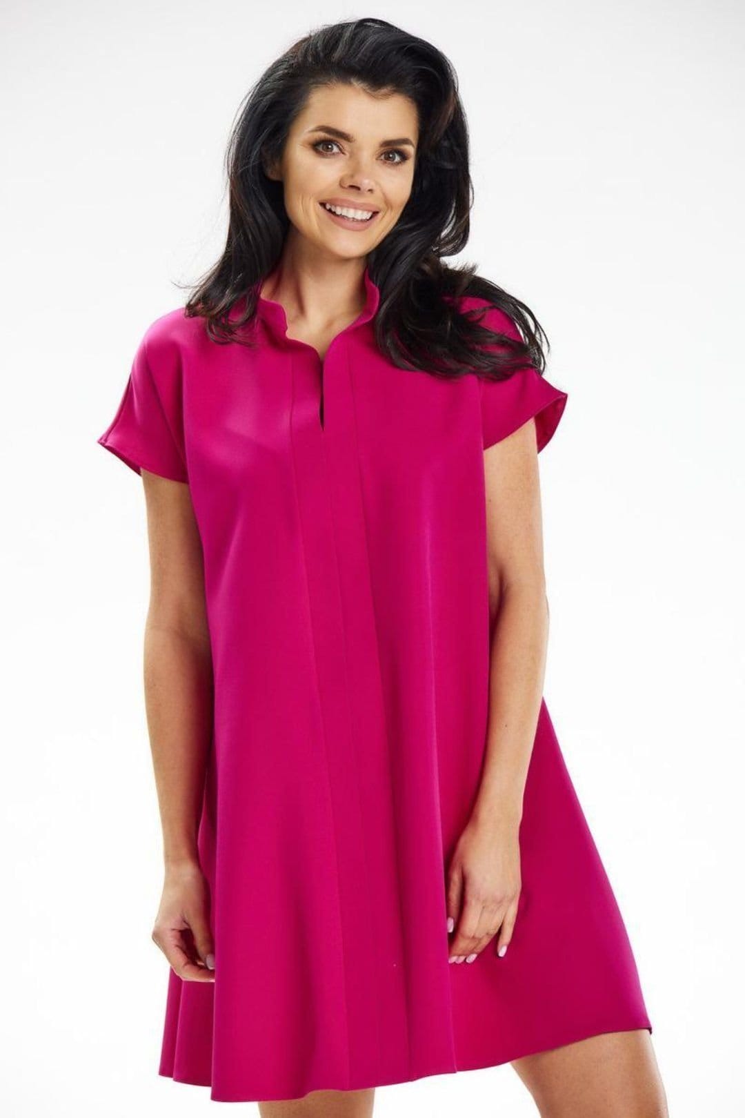 Love Lace Women's Trapeze Mini Day Dress With Stand Collar in Pink