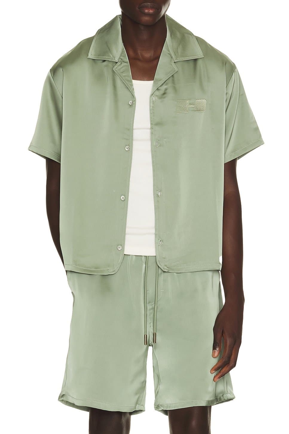 revolve Satin Chest Logo Camp Collar Shirt