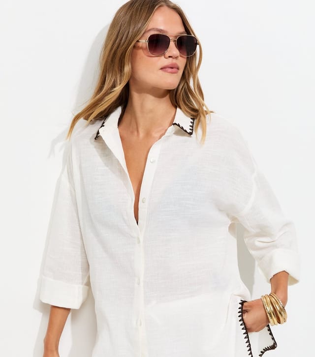 New Look Women's White Cotton Blanket Stitch Shirt New Look - 2