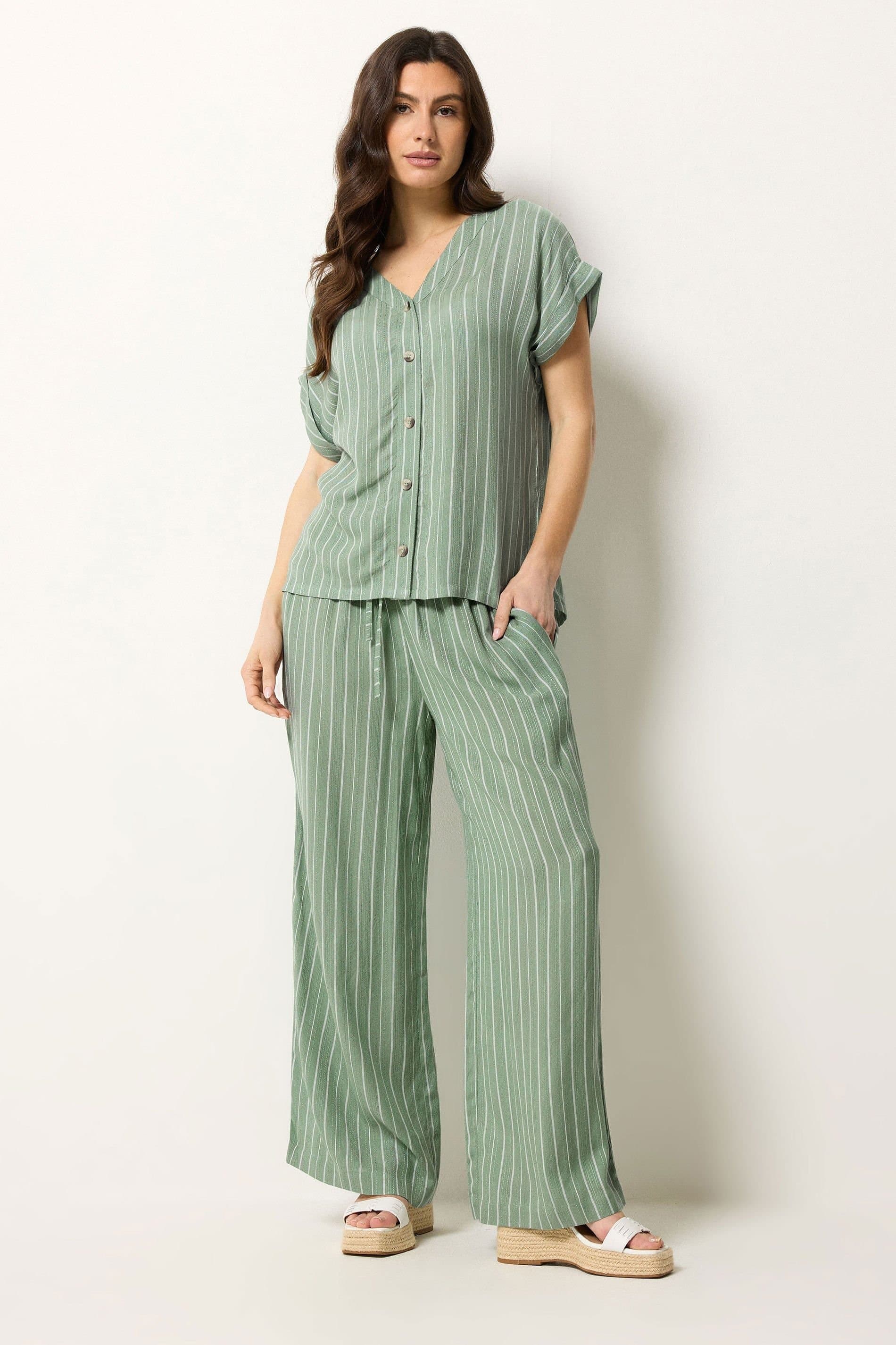 M&Co M&Co Women's Dobby Striped Top & Trouser Set in Pale Green