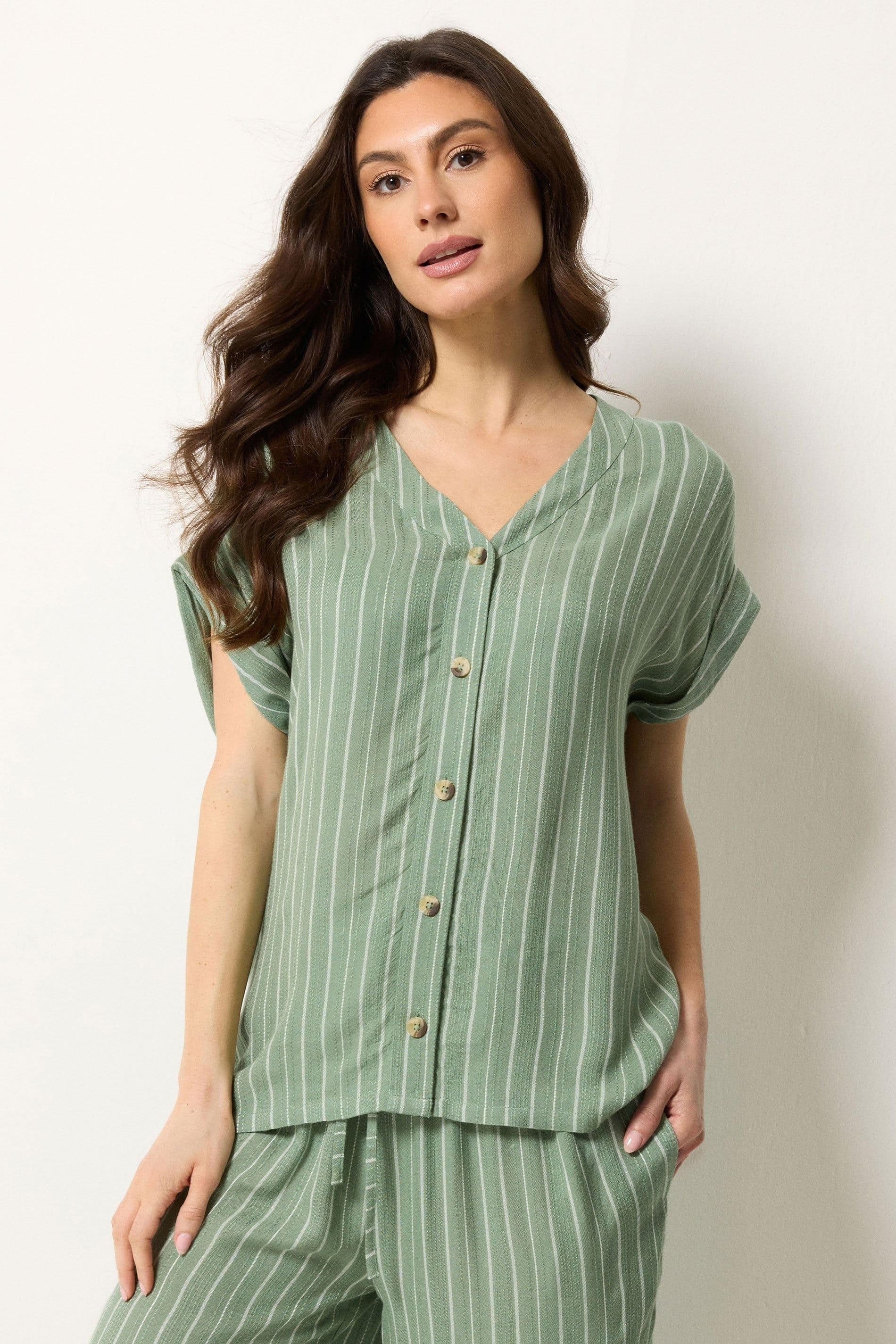 M&Co M&Co Women's Dobby Striped Top & Trouser Set in Pale Green - 4