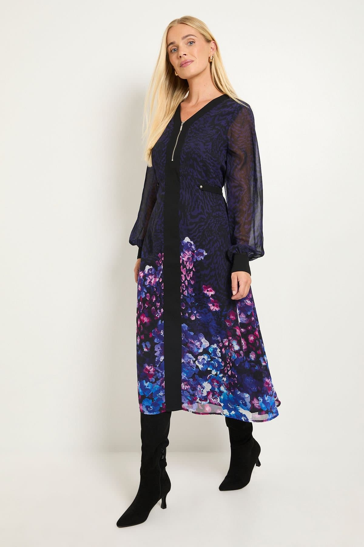 Wallis Wallis Women's Petite Floral Animal Mix Zip Midi Dress in Navy
