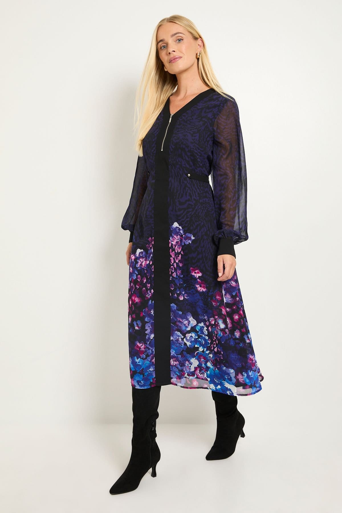 Wallis Women's Petite Floral Animal Mix Zip Midi Dress in Navy