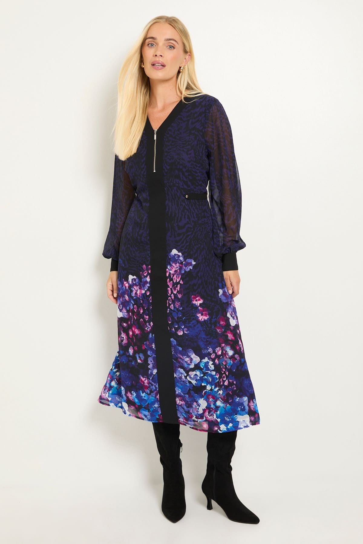 Wallis Wallis Women's Petite Floral Animal Mix Zip Midi Dress in Navy - 4