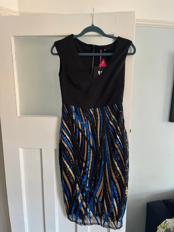 Very Stunning black blue and gold sequin size 10 dress