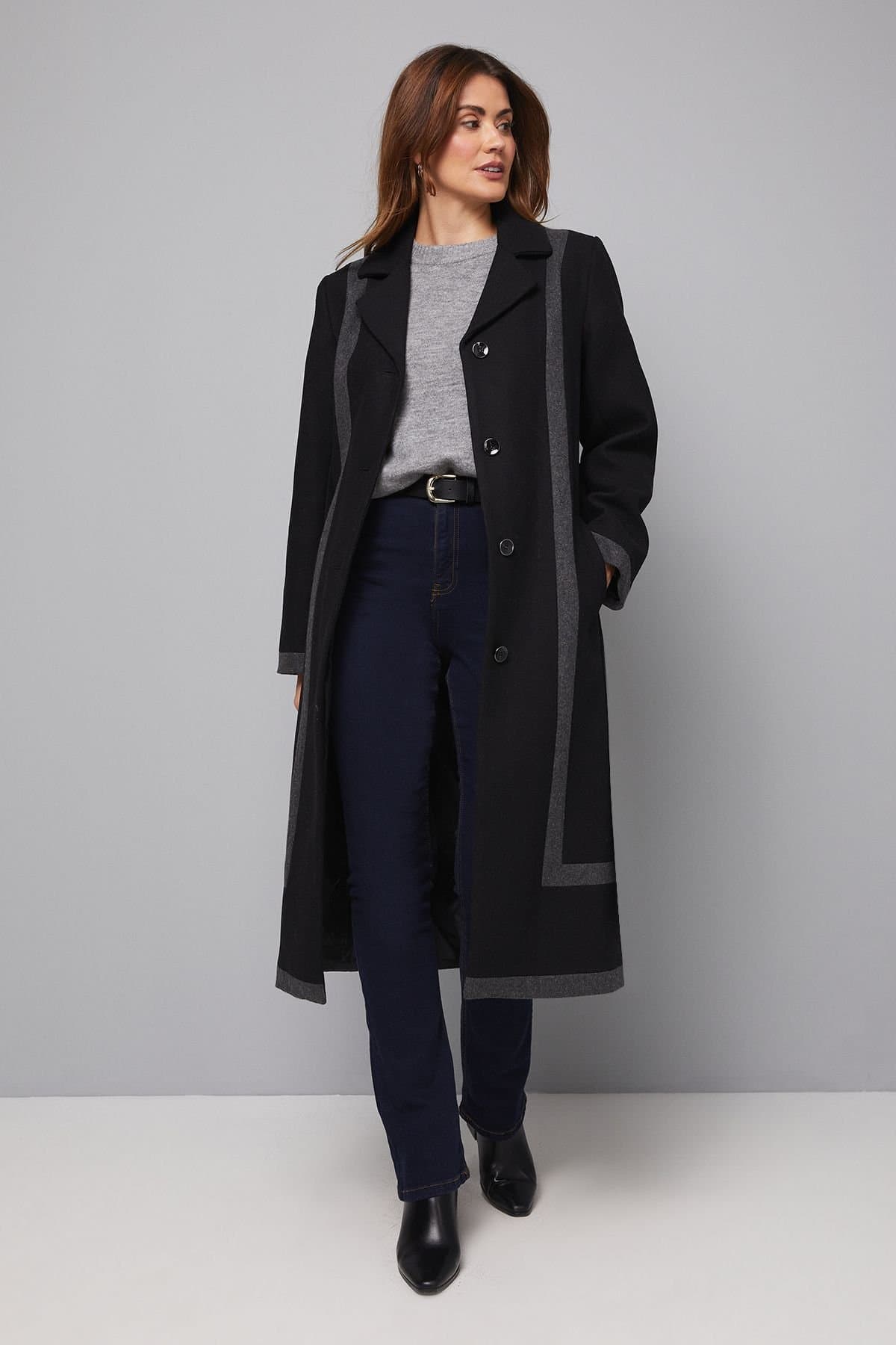 Wallis Wallis Women's Contrast Detail Belted Coat in Black