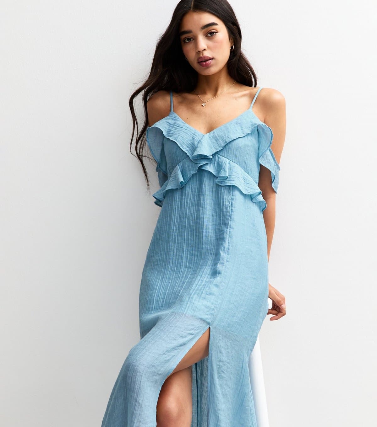 New Look Women's Blue Textured Cold Shoulder Frill Trim Midi Dress New Look