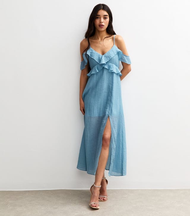 New Look Women's Blue Textured Cold Shoulder Frill Trim Midi Dress New Look - 2