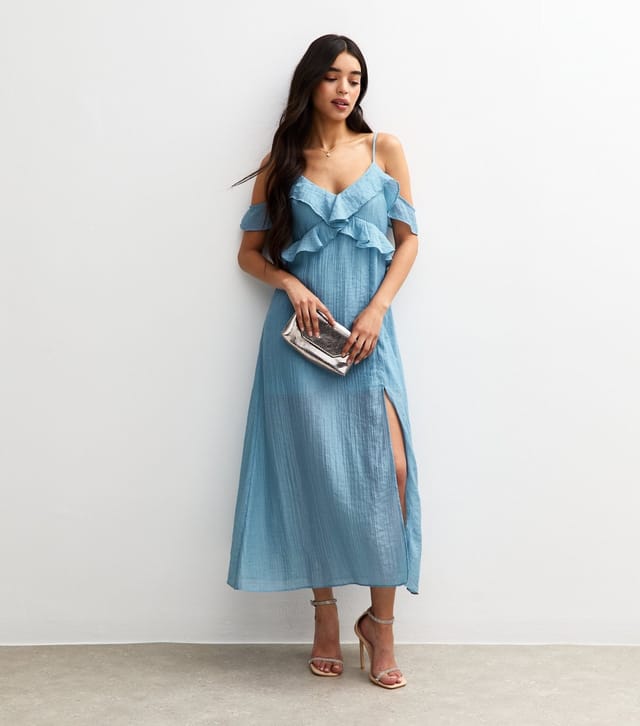 New Look Women's Blue Textured Cold Shoulder Frill Trim Midi Dress New Look - 3