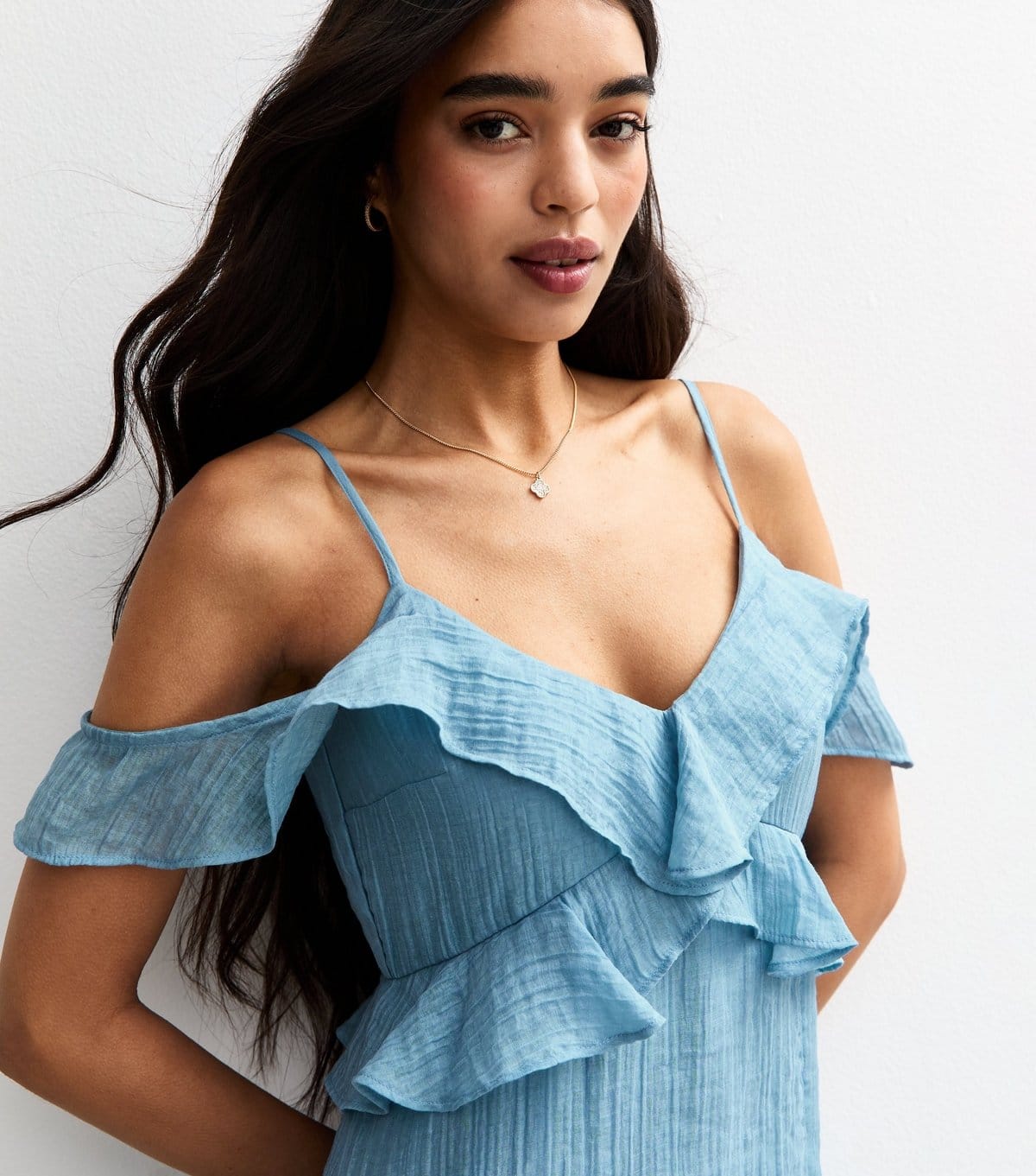 New Look Women's Blue Textured Cold Shoulder Frill Trim Midi Dress New Look - 4