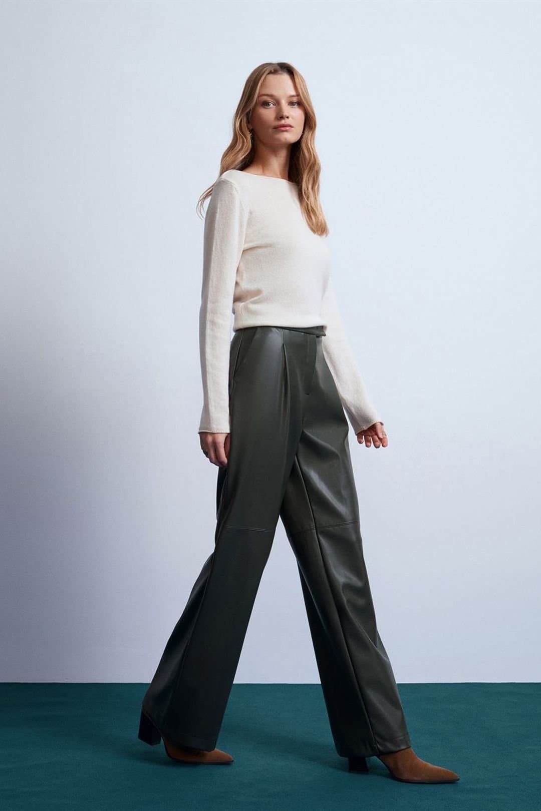 Dilvin Dilvin Women's High-Waist Wide-Leg Faux Leather Trousers in Dark Green