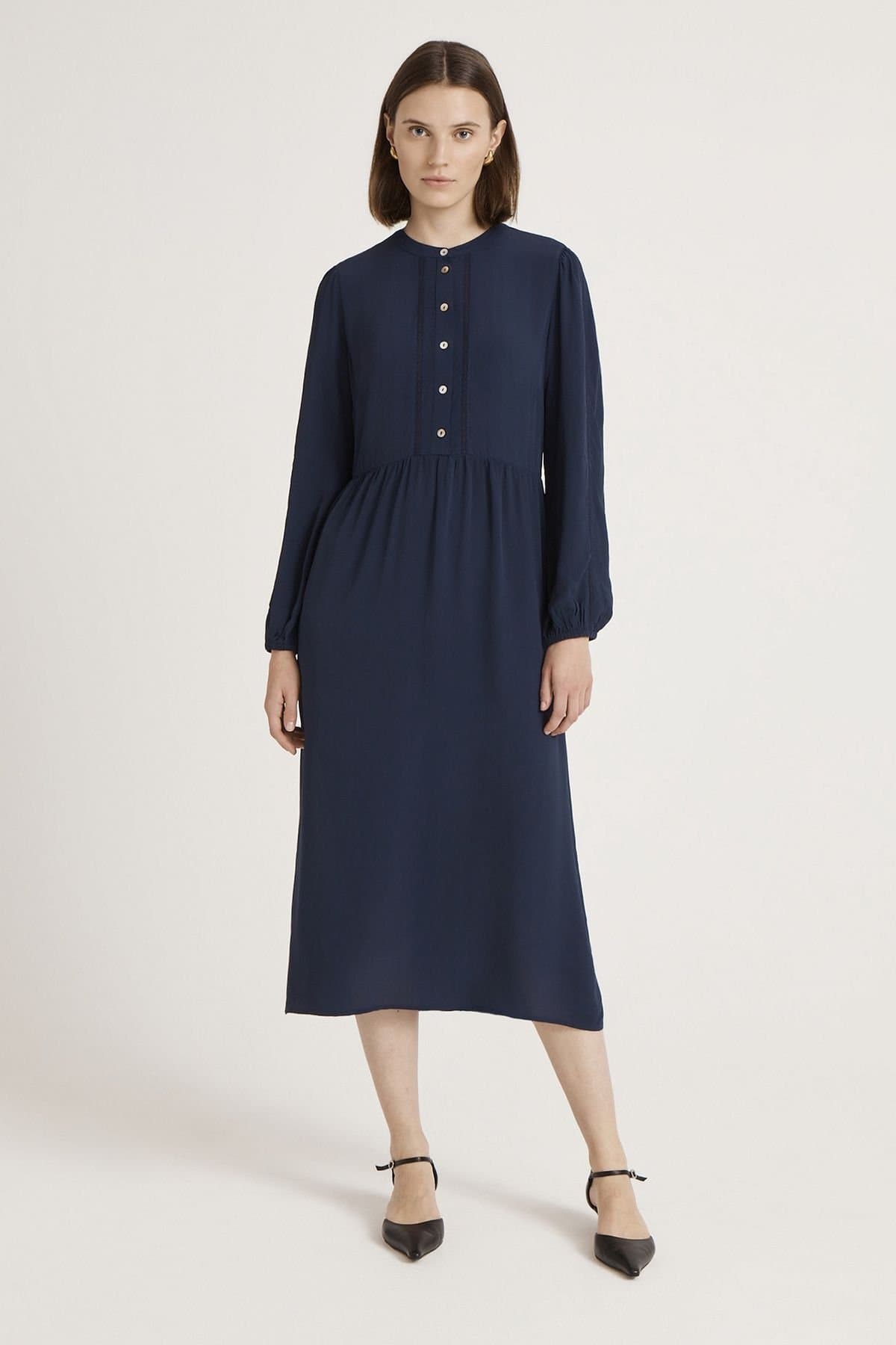 Finery London Finery London Women's Jasmine Lace Trim Crepe Midi Dress in Dark Navy